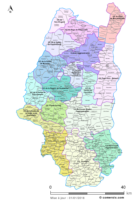 Carte des intercommunalités du Haut-Rhin avec communes