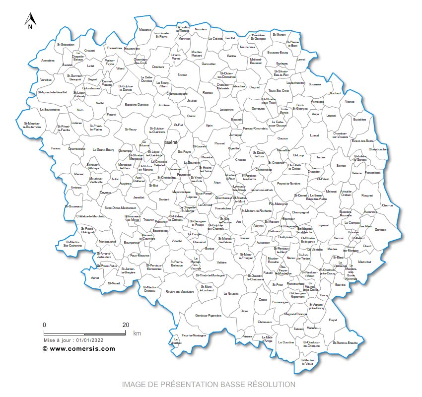 Carte personnalisable des villes et communes de la Creuse