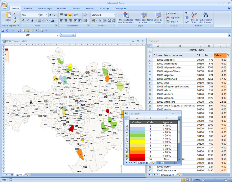 Carte Excel interactive des communes du Gard