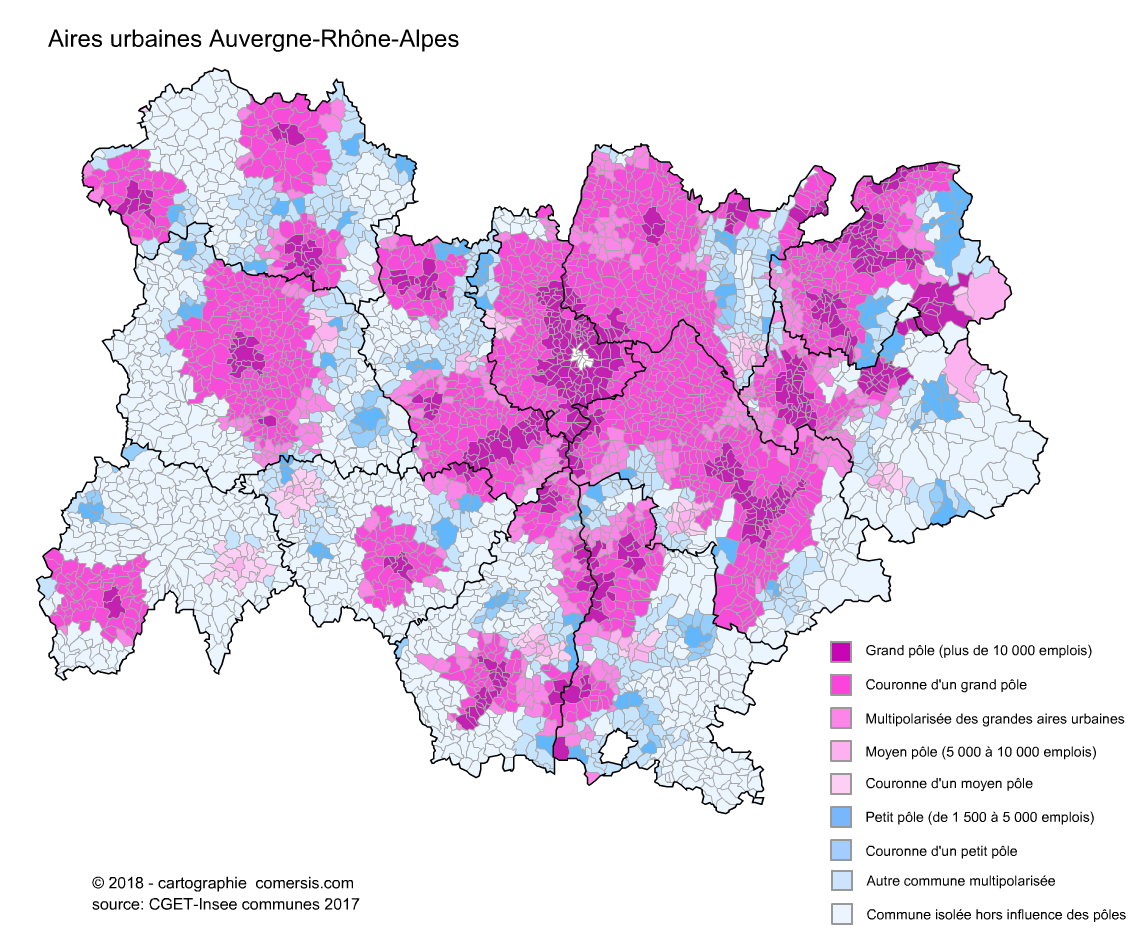 Carte des aires urbaines d'Auvergne Rhône Alpes