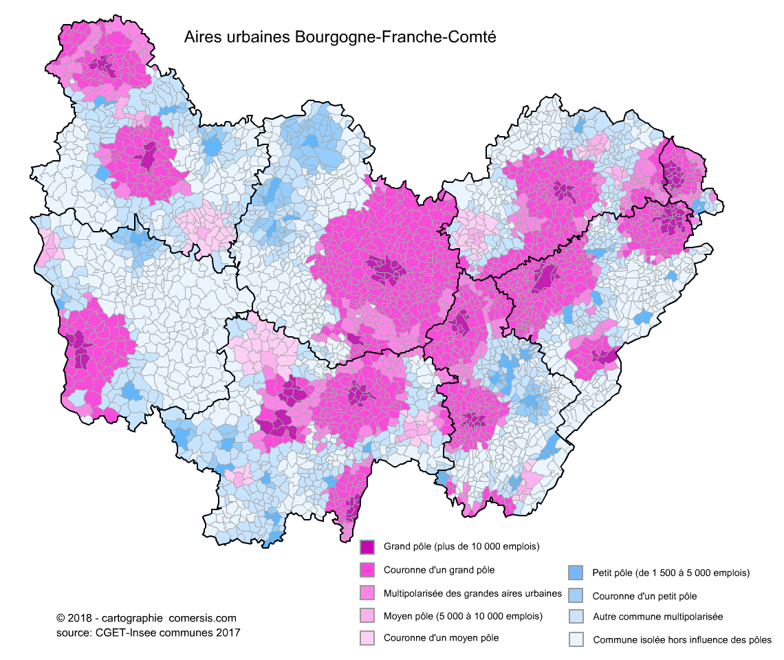 Carte des aires urbaines de Bourgogne-Franche-Comté