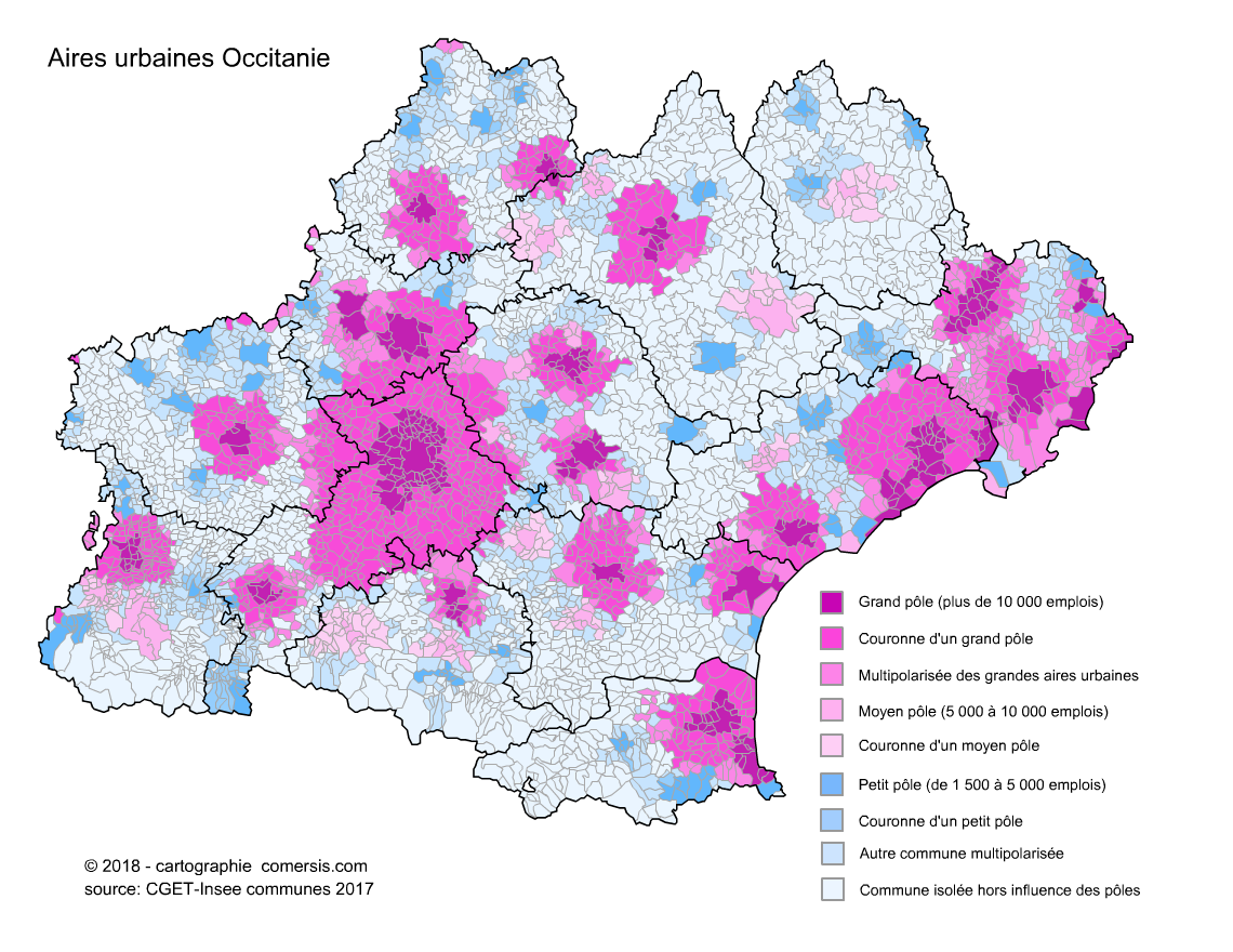 Carte des aires urbaines d'Occitanie