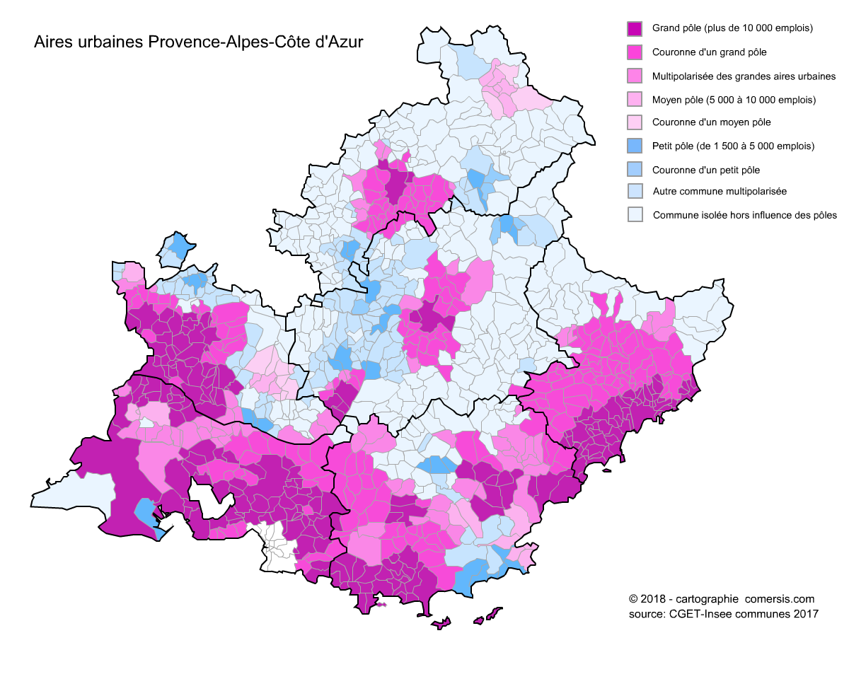Carte des aires urbaines de Provence Alpes Côte d'Azur