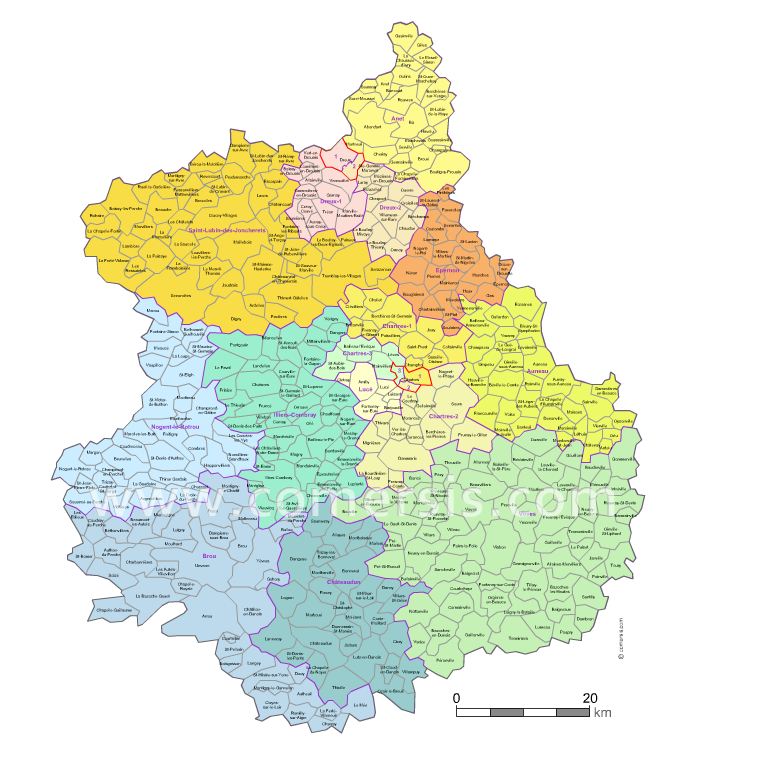 Carte des nouveaux cantons d'Eure-et-Loir avec communes