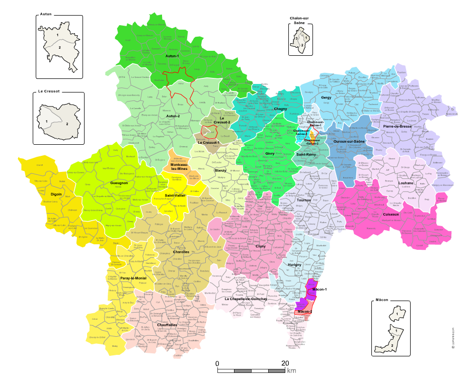 Communes et cantons 2018 de Saône-et-Loire