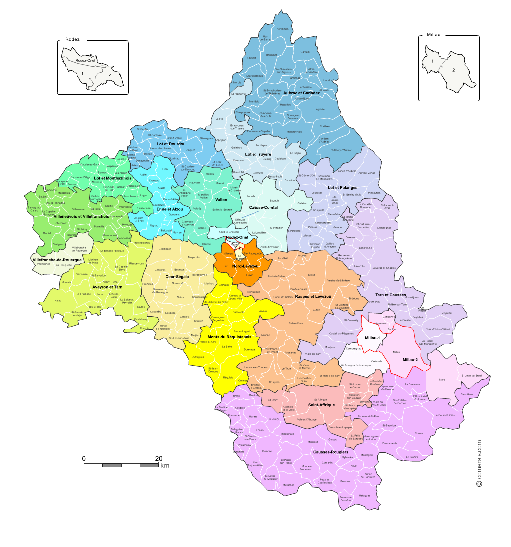 Carte des nouveaux cantons de l'Aveyron avec communes