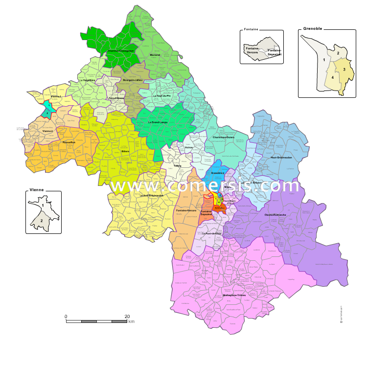 Carte des nouveaux cantons de l'Isère avec communes
