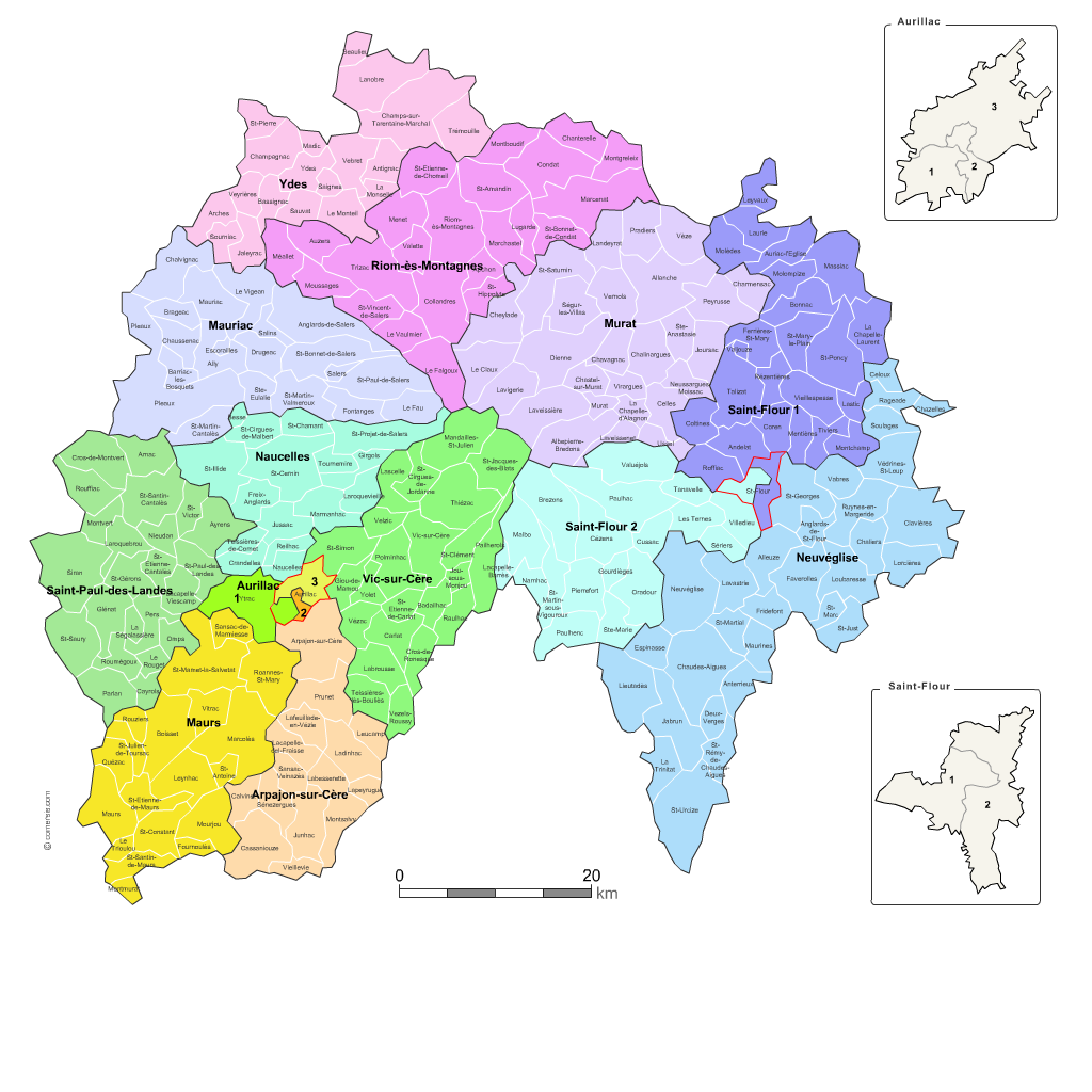 Carte des nouveaux cantons du Cantal avec communes