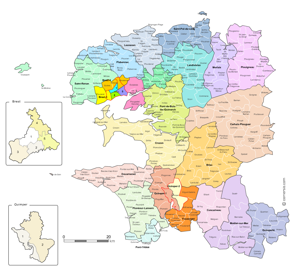 Carte des nouveaux cantons du Finistère avec communes