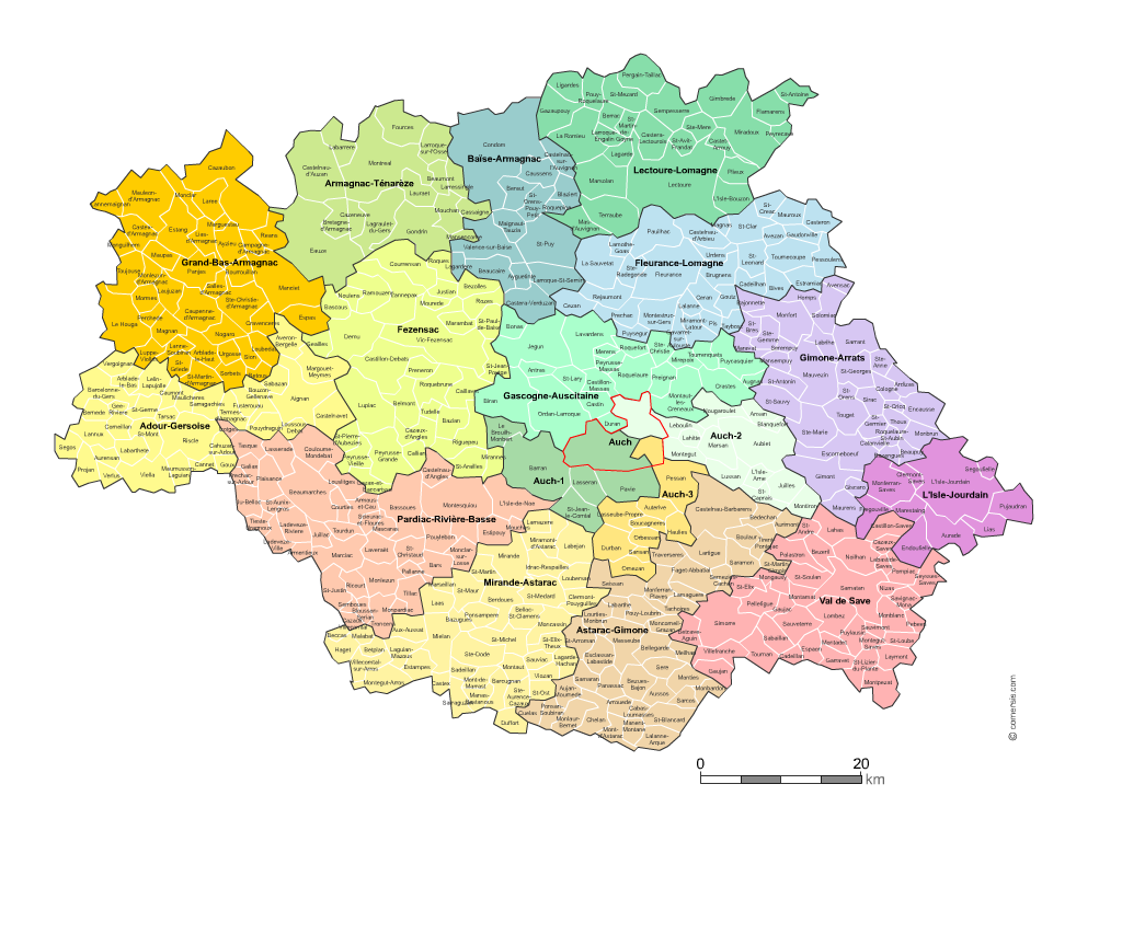 Carte des nouveaux cantons du Gers avec communes