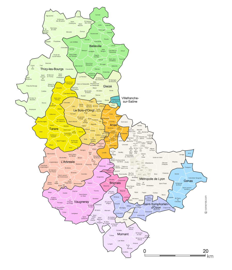 Carte des nouveaux cantons du Rhône avec communes