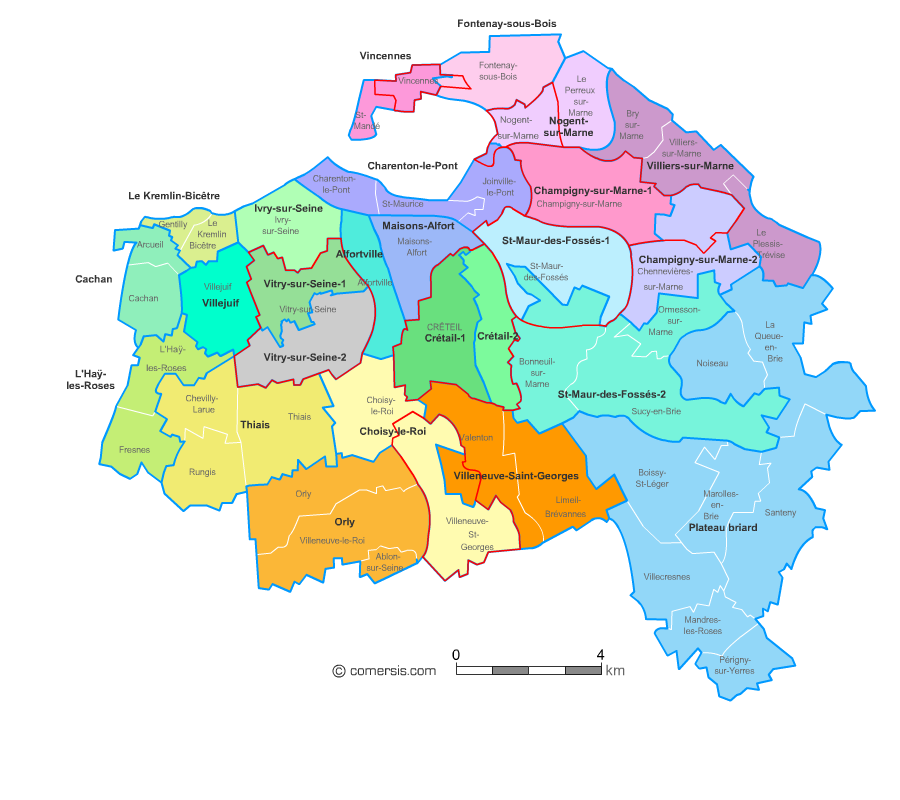 Carte des nouveaux cantons du Val-de-Marne avec communes