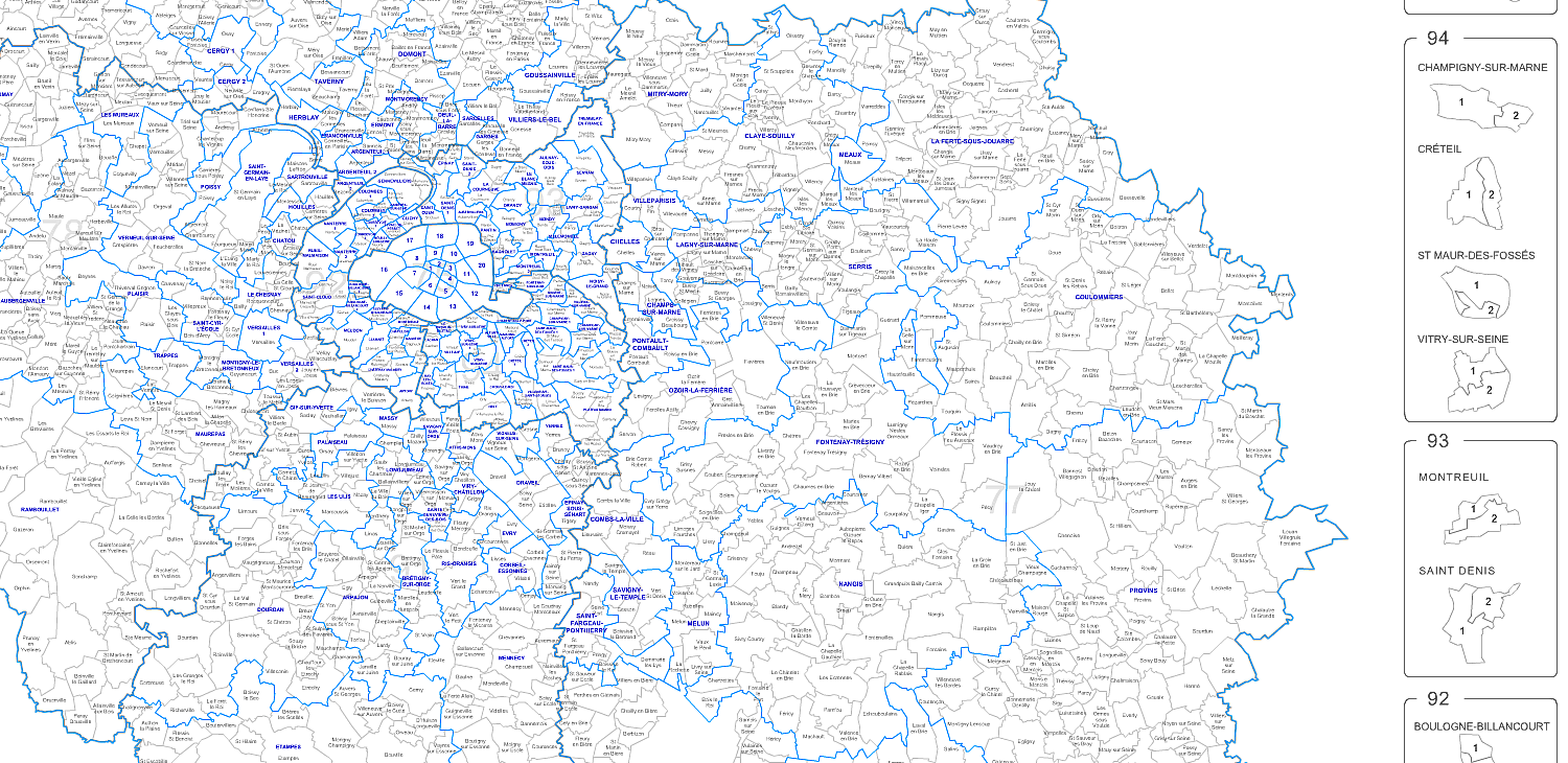 Carte des nouveaux cantons d'Île-de-France avec toutes les communes