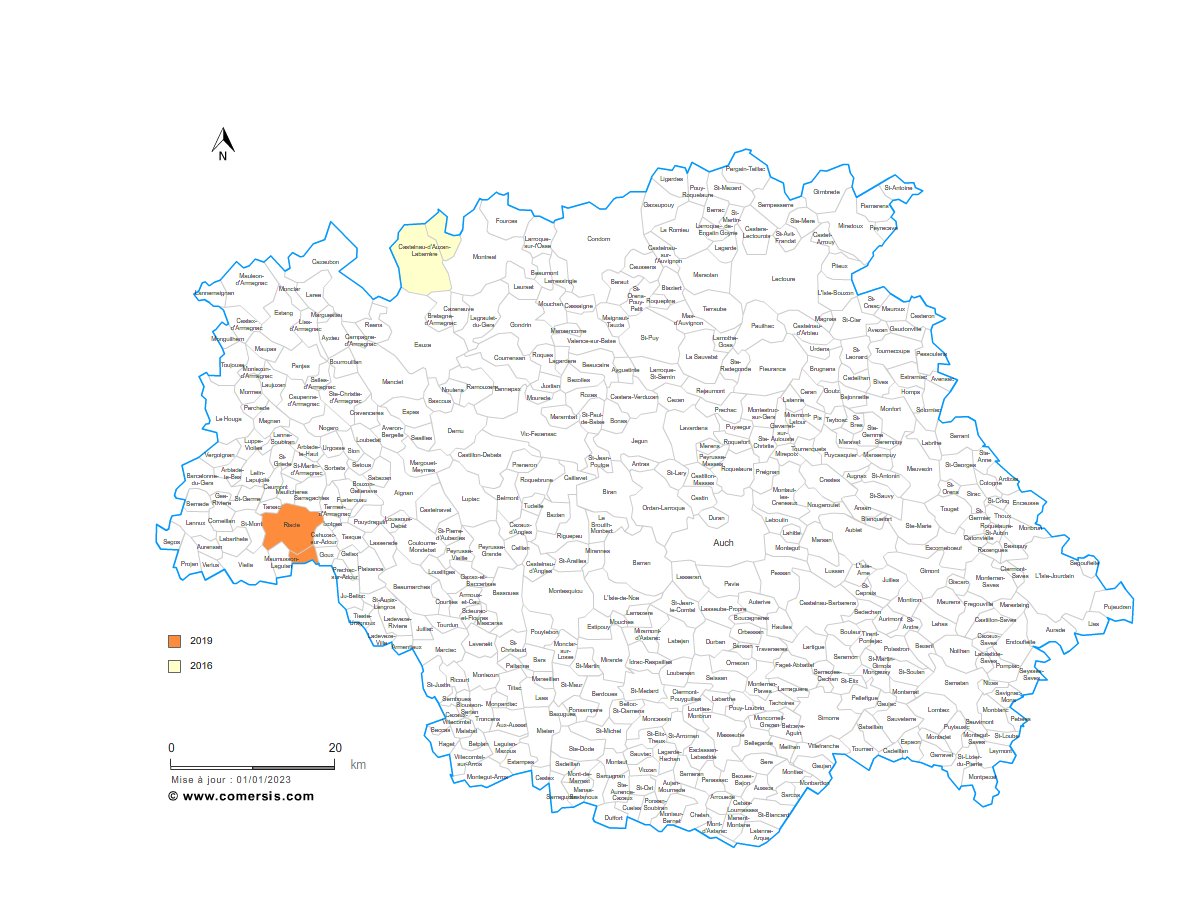 carte des communes nouvelles du  Gers