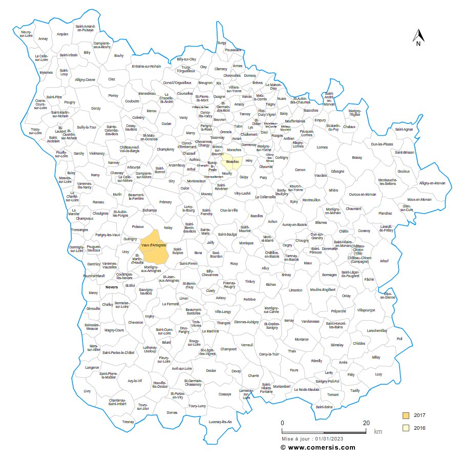 carte des communes nouvelles de la  Nièvre