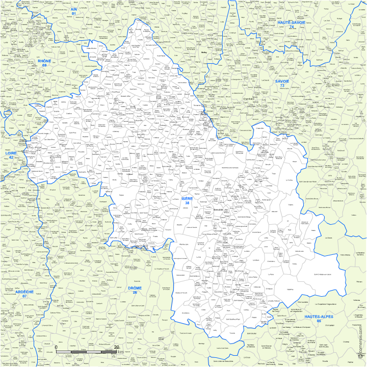 Carte des communes de l'Isère et communes alentours