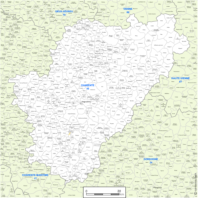 Carte des communes de la Charente et communes alentours