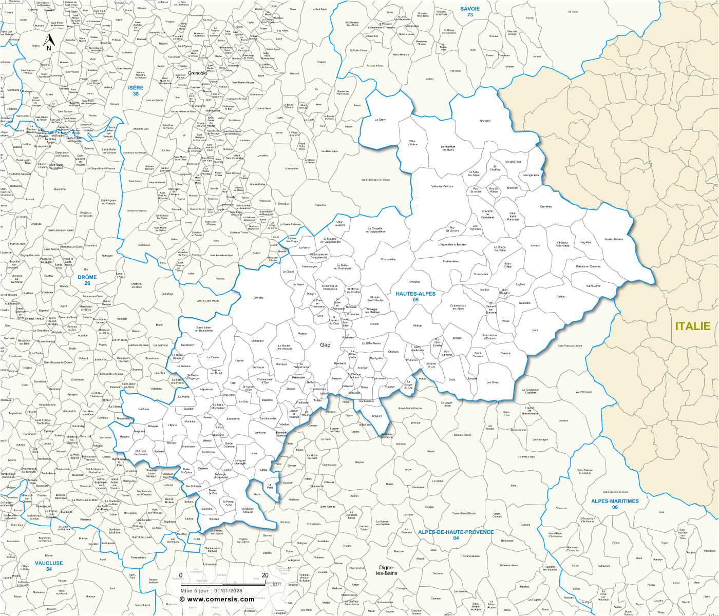 Carte des communes des Hautes-Alpes et communes alentours