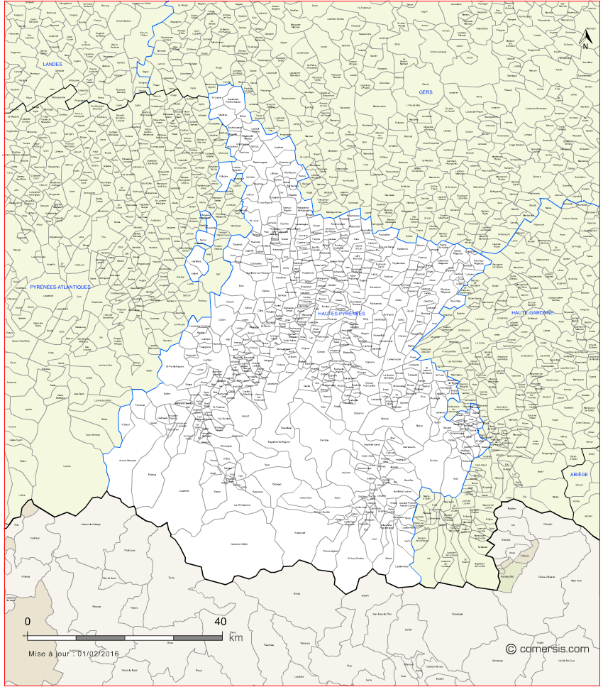 Carte des communes des Hautes-Pyrénées et communes alentours