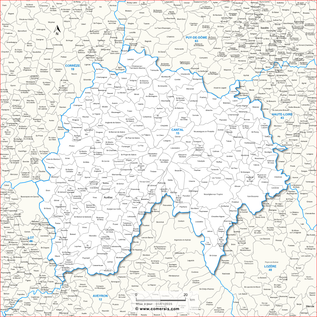 Carte des communes du Cantal et communes alentours