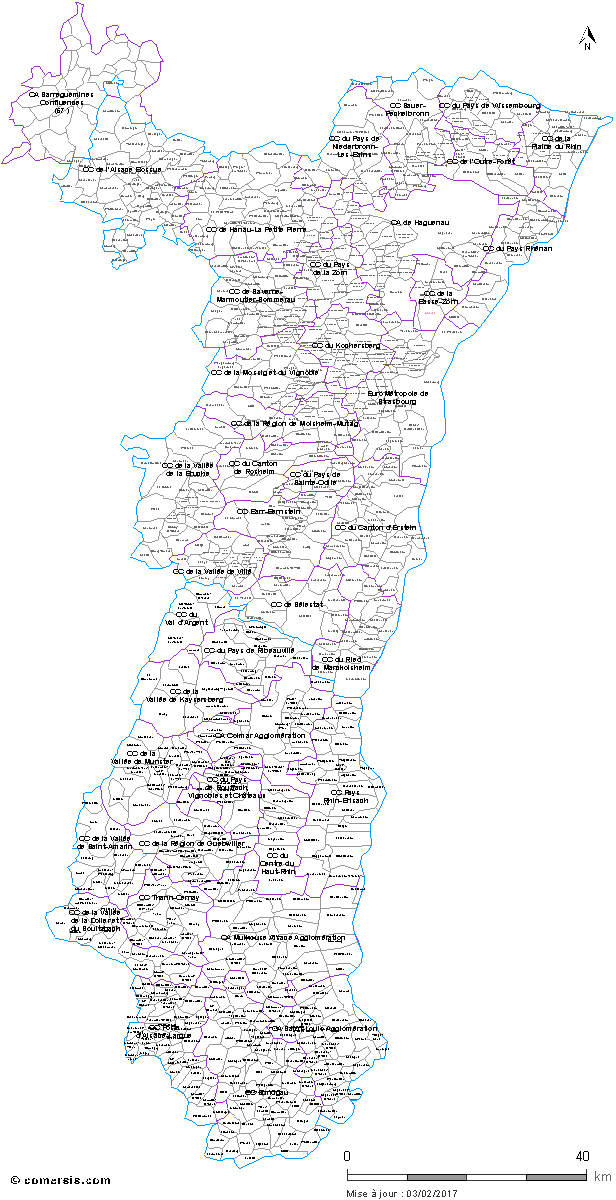Carte des intercommunalités d'Alsace avec communes