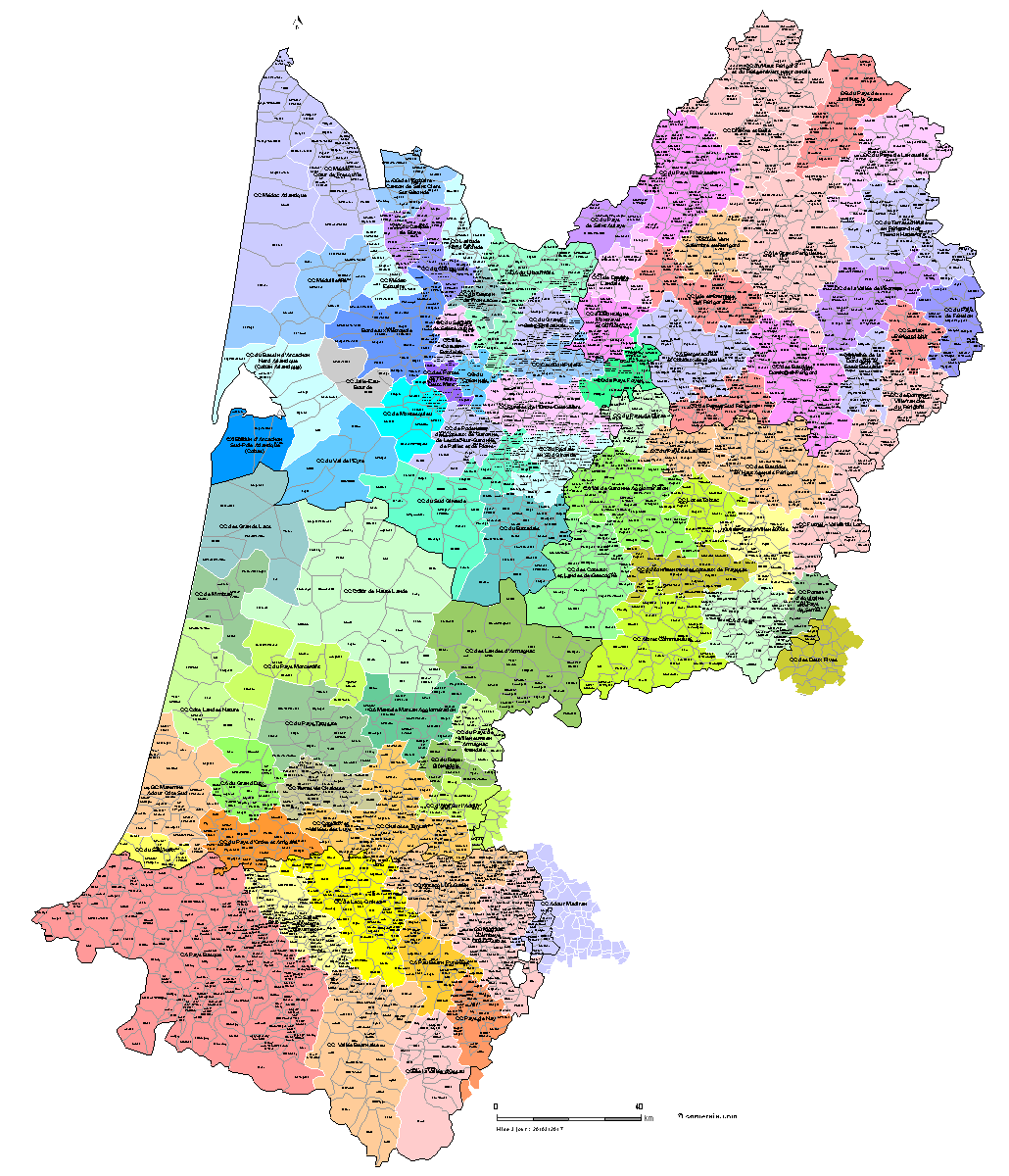 Carte des intercommunalités d'Aquitaine avec communes