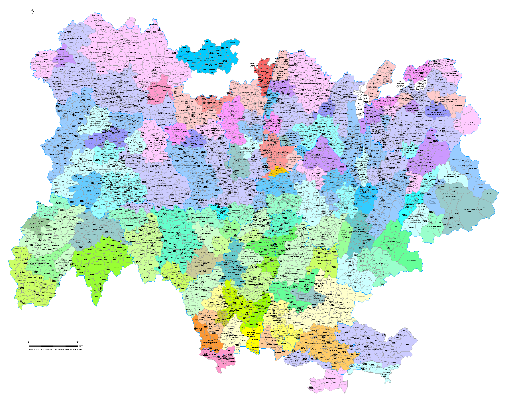 Carte des intercommunalités d'Auvergne-Rhône-Alpes avec communes