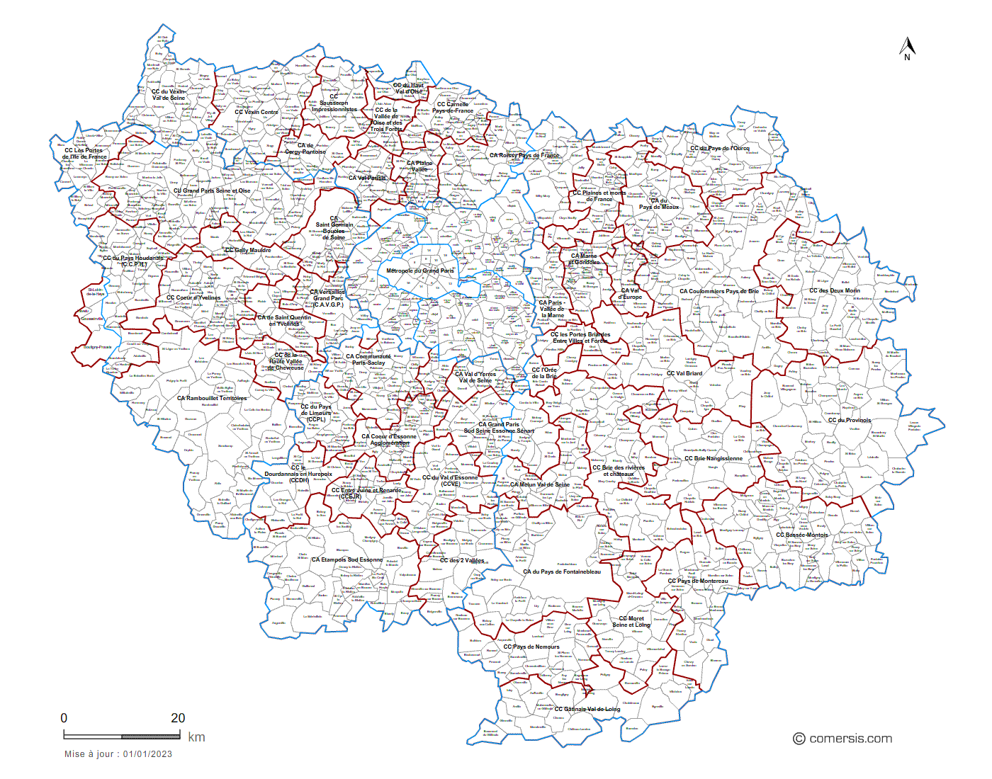 Carte des intercommunalités d'Île-de-France avec communes