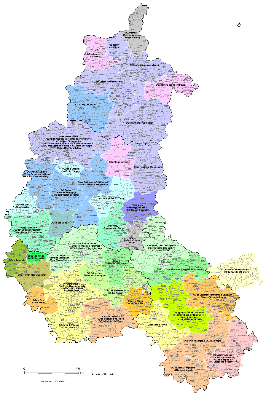 Carte des intercommunalités de Champagne-Ardenne avec communes