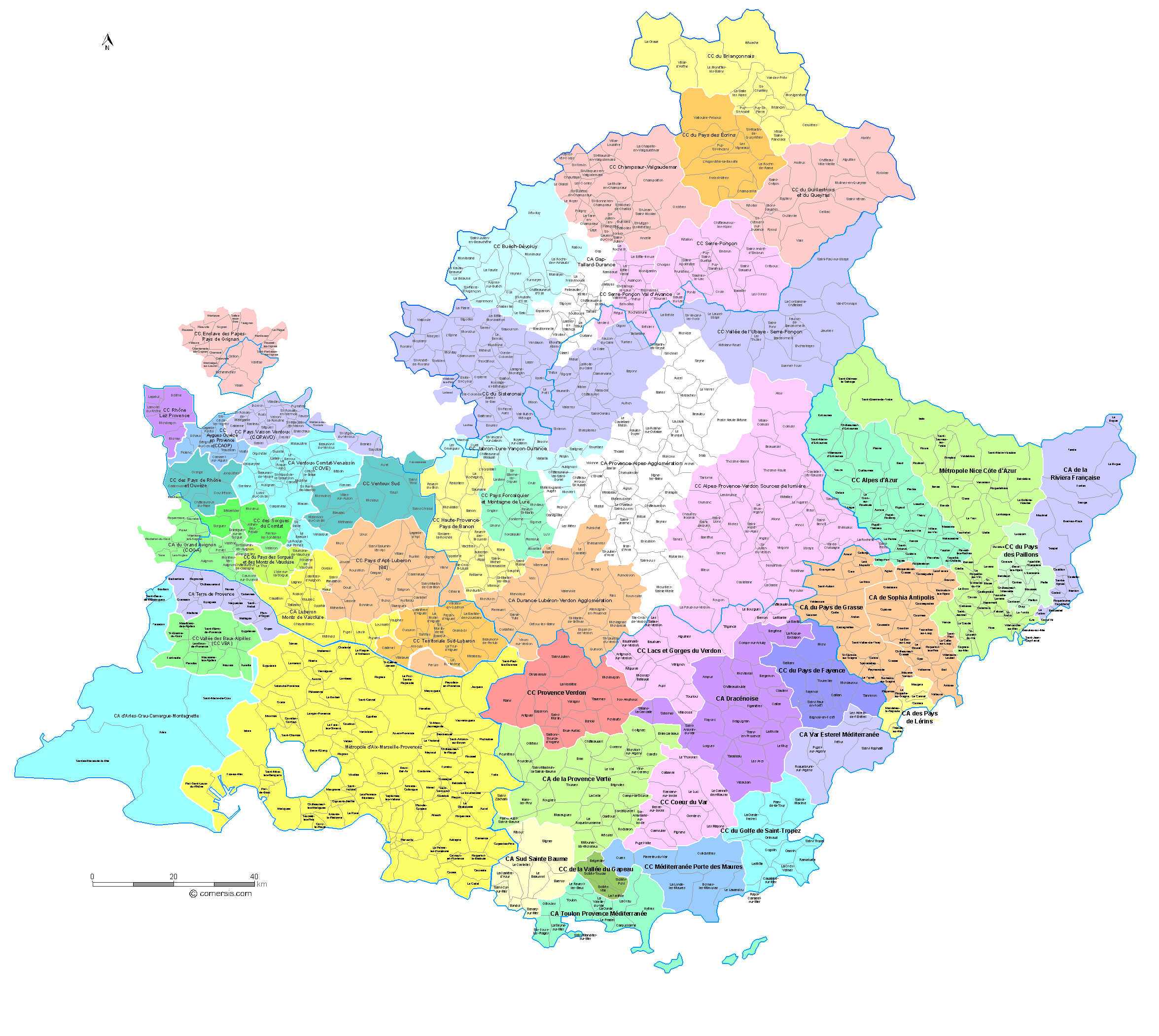 Carte des intercommunalités de Provence-Alpes-Côte d'Azur avec communes