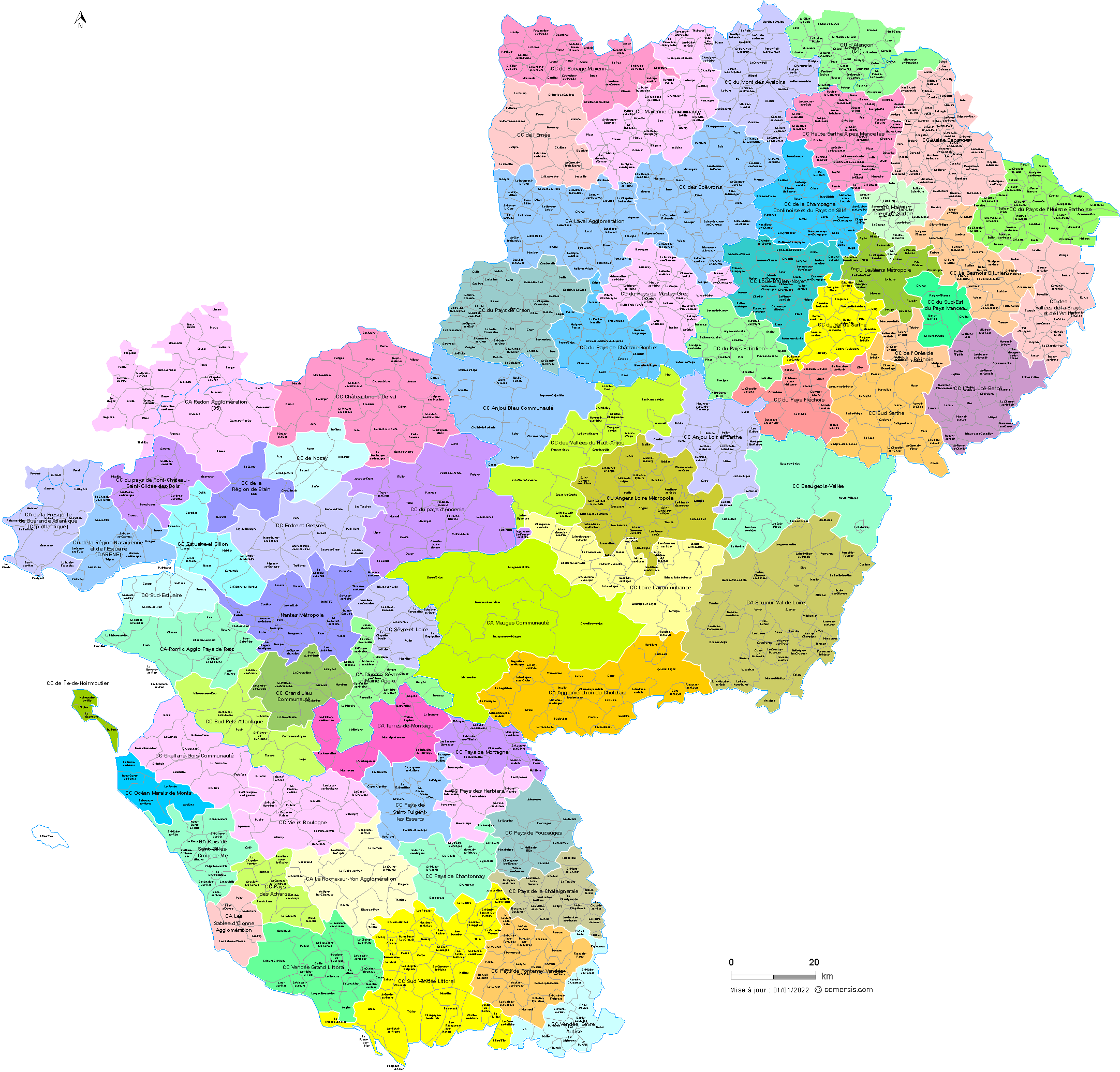Carte des intercommunalités des Pays de la Loire avec communes