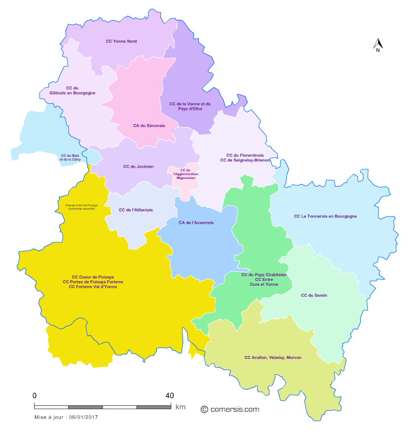Carte des intercommunalités de l'Yonne