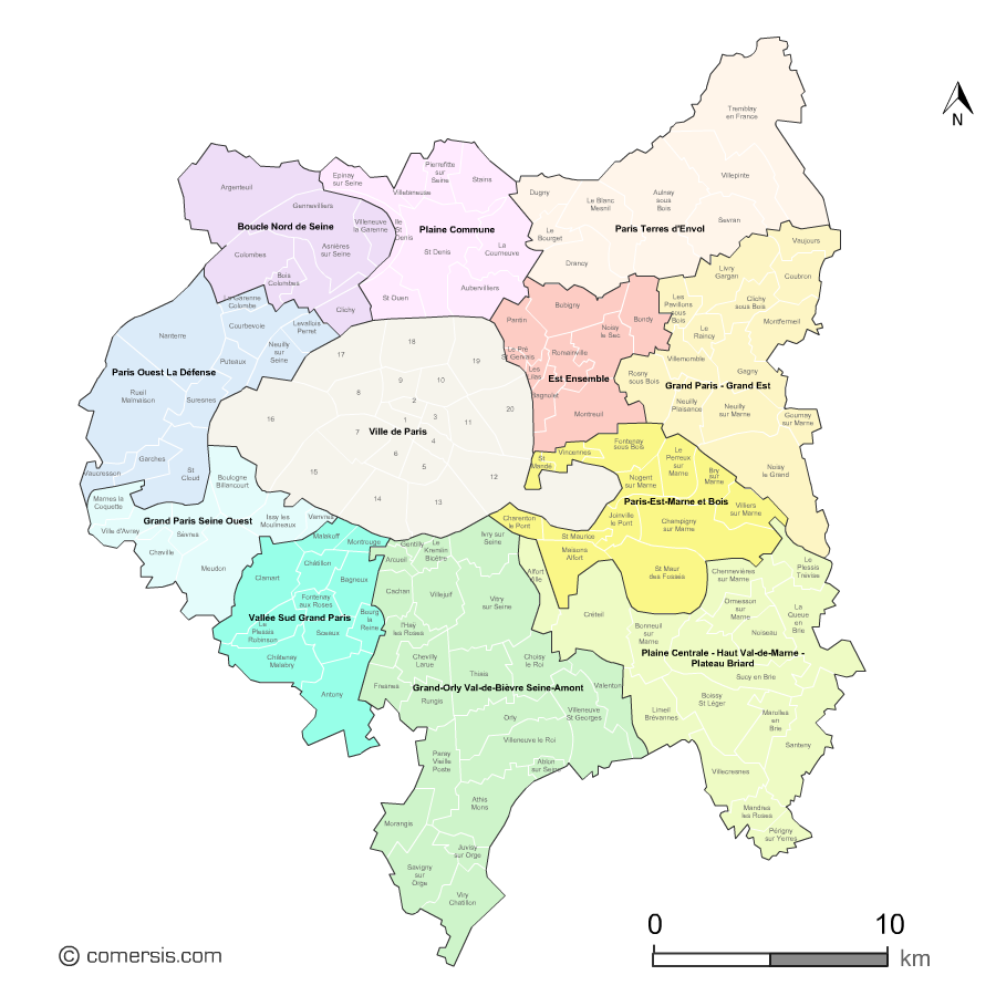 Map of municipalities of Greater Paris grouped by territorial public institution