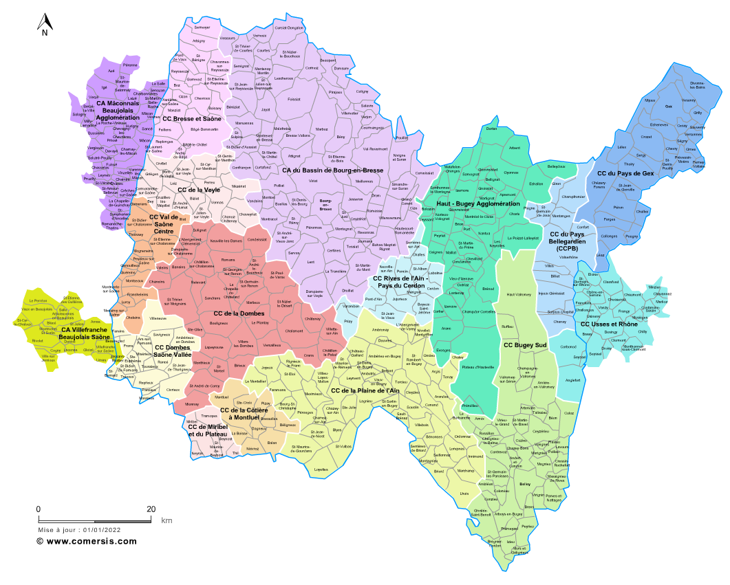 Carte des intercommunalités de l'Ain avec communes