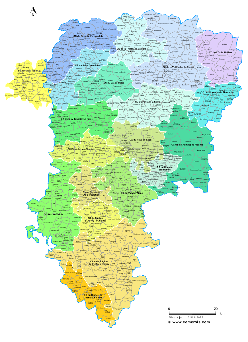 Carte des intercommunalités de l'Aisne avec communes