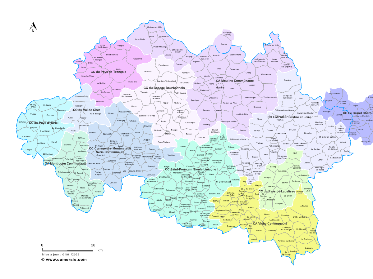 Carte des intercommunalités de l'Allier avec communes