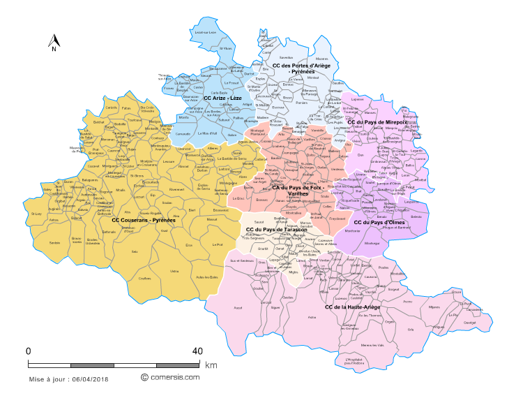 Carte des intercommunalités de l'Ariège avec communes