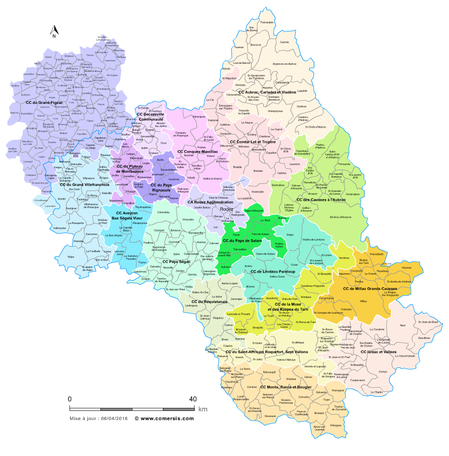 Carte des intercommunalités de l'Aveyron avec communes