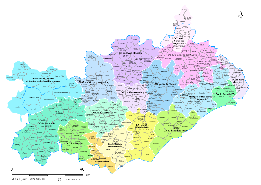 Carte des intercommunalités de l'Hérault avec communes