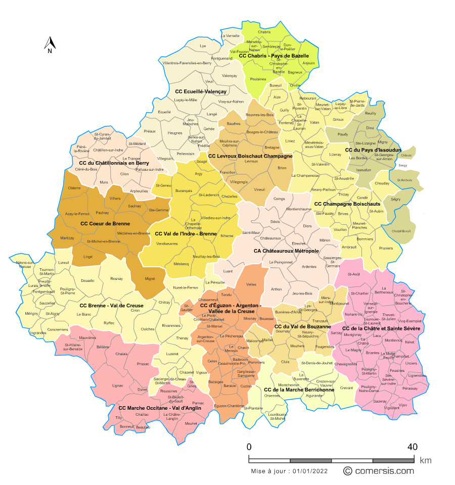 Carte des intercommunalités de l'Indre avec communes