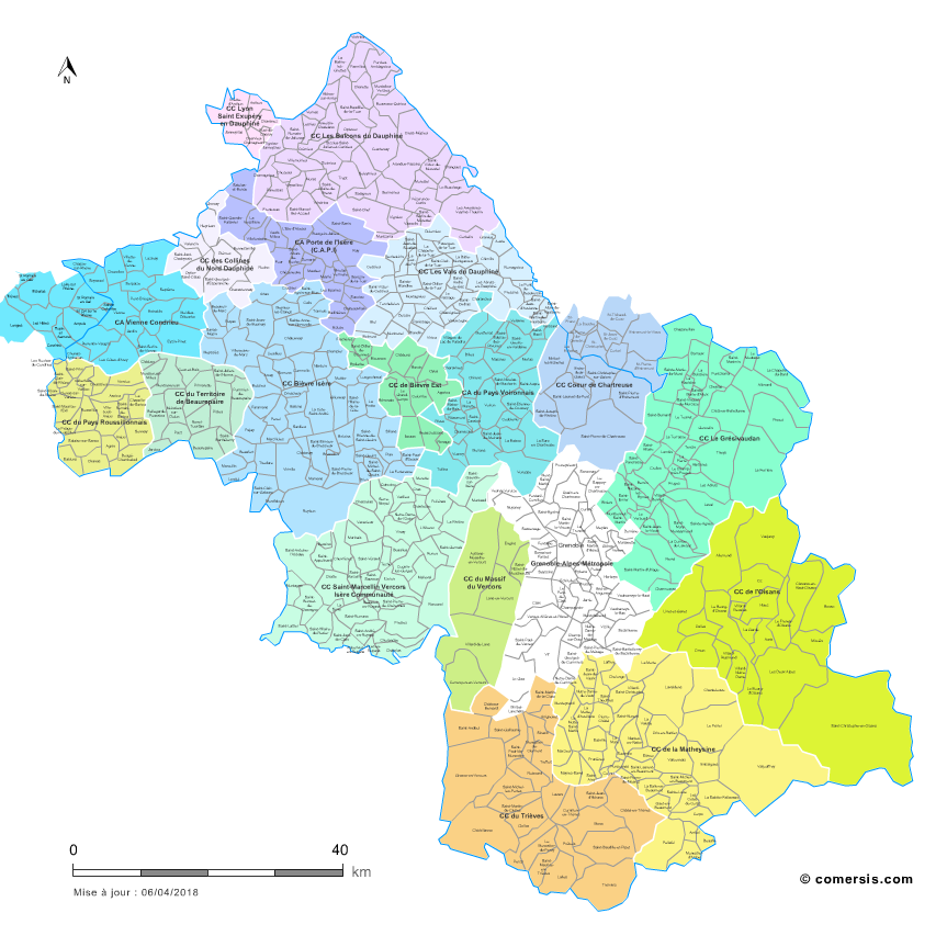Carte des intercommunalités de l'Isère avec communes