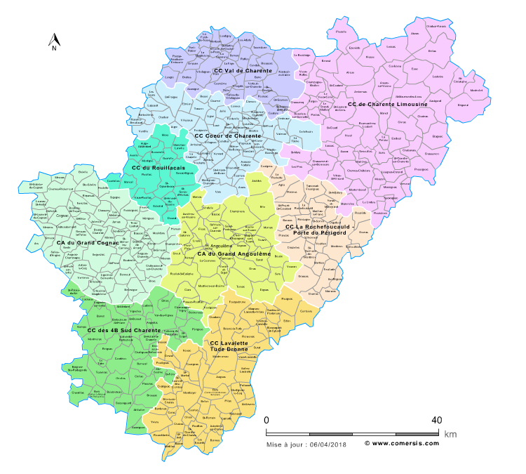 Carte des intercommunalités de la Charente avec communes