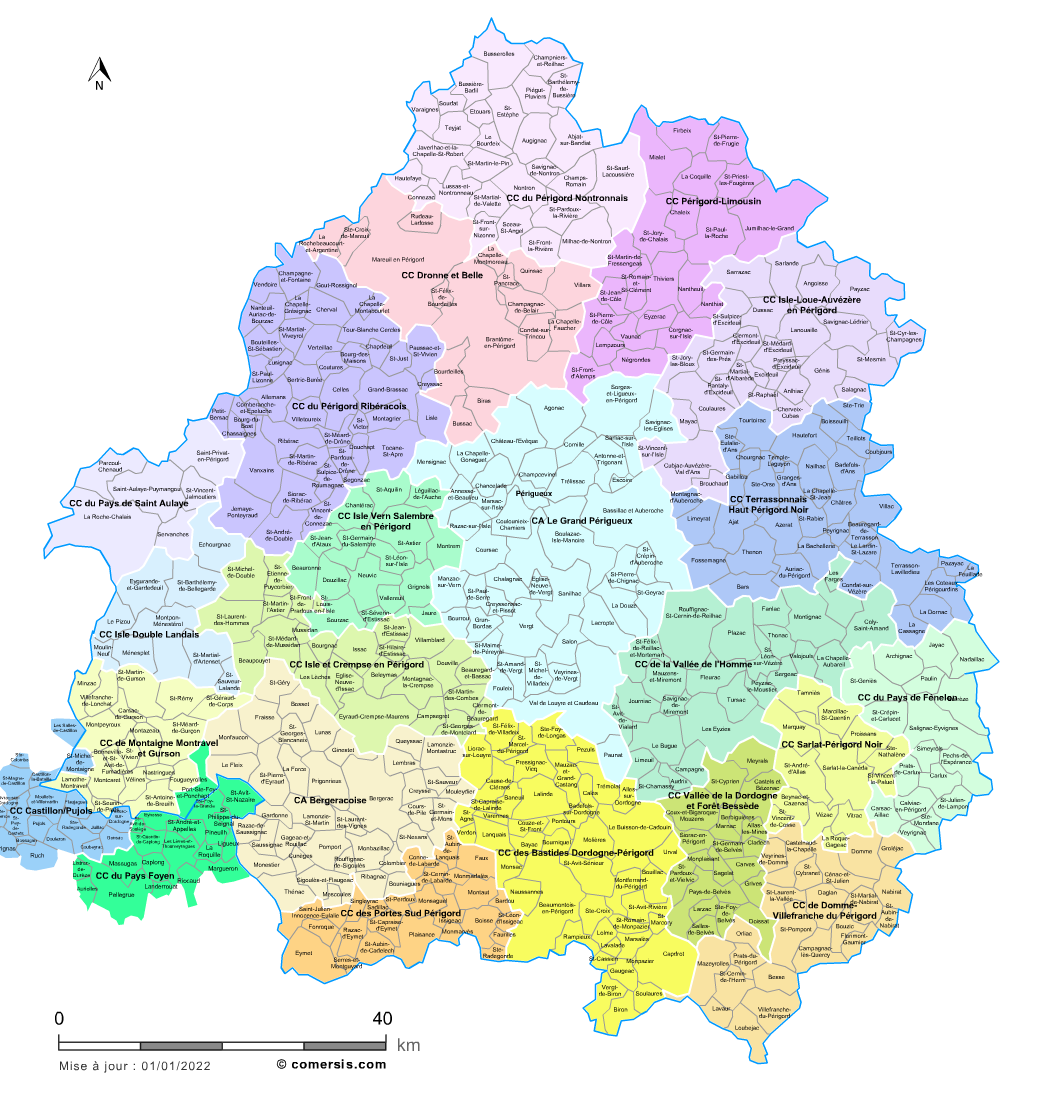 Carte des intercommunalités de la Dordogne avec communes