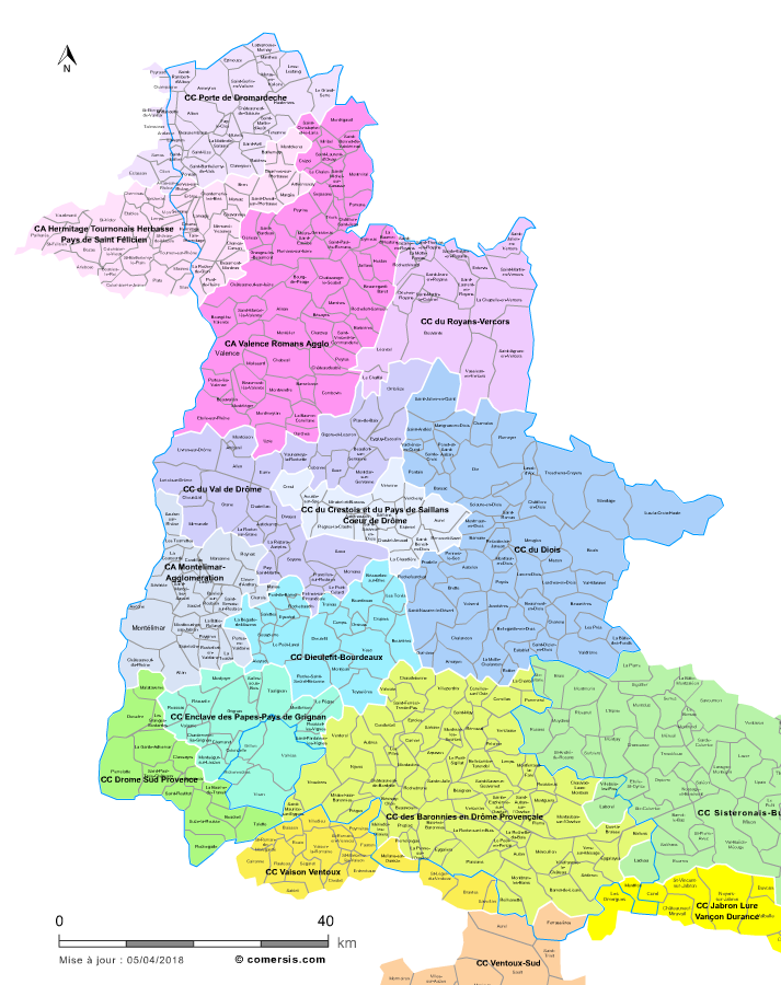 Carte des intercommunalités de la Drôme avec communes