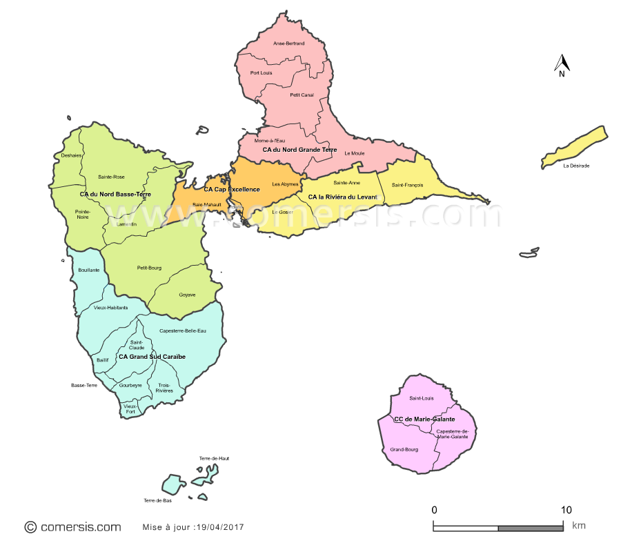 Carte des intercommunalités de la Guadeloupe avec communes