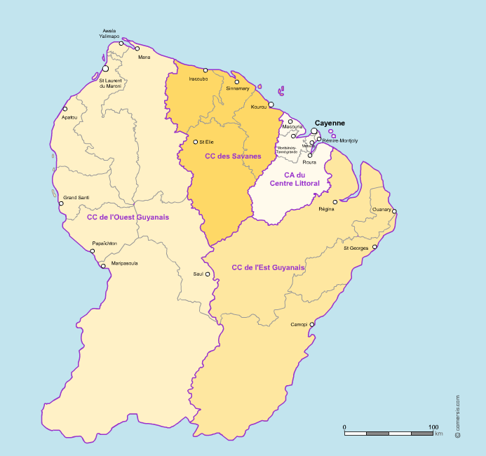 Carte des intercommunalités de la Guyane avec communes