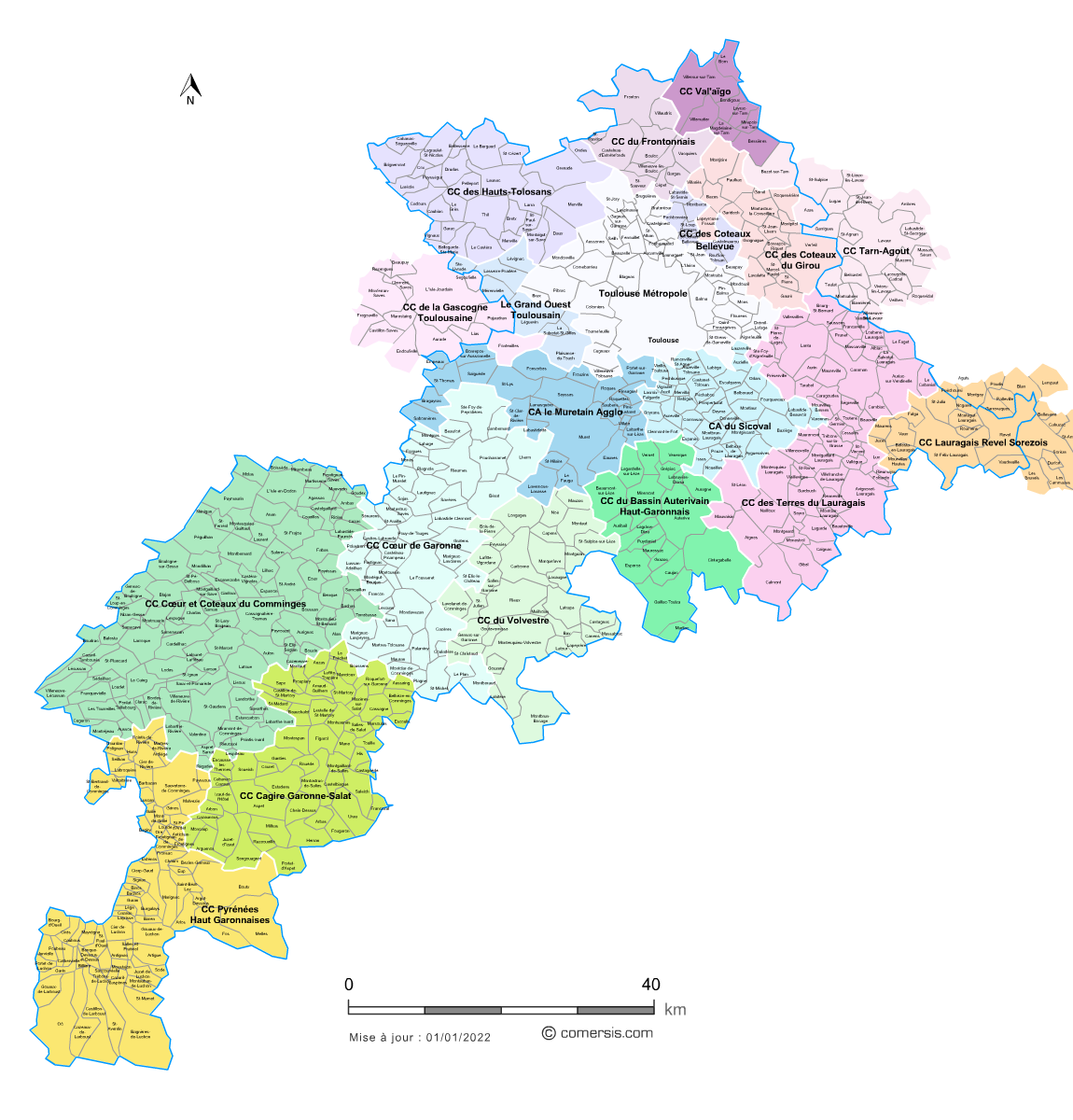 Carte des intercommunalités de la Haute-Garonne avec communes