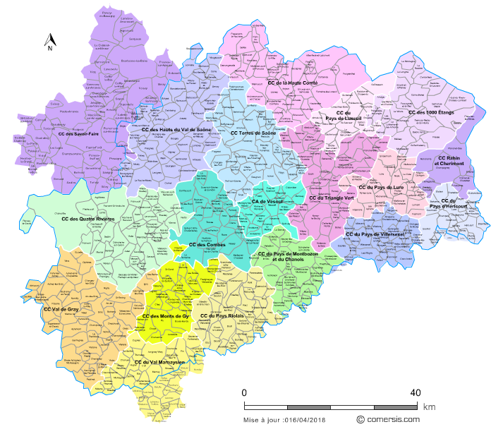 Carte des intercommunalités de la Haute-Saône avec communes