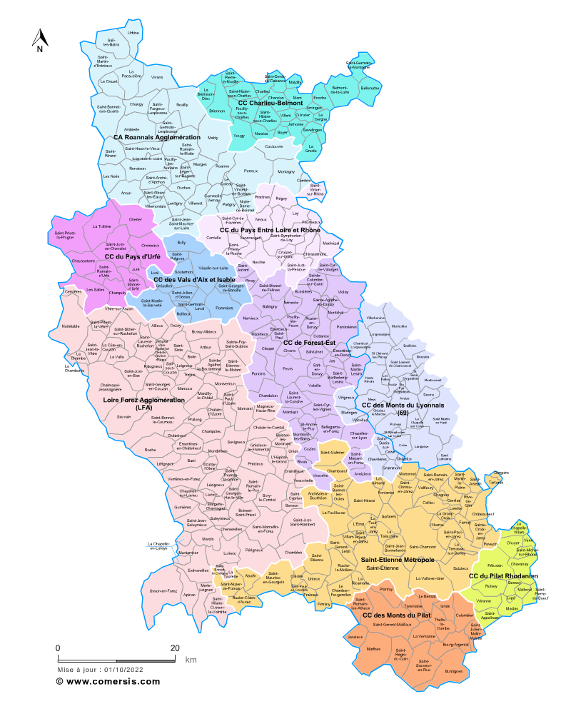 Carte des intercommunalités de la Loire avec communes