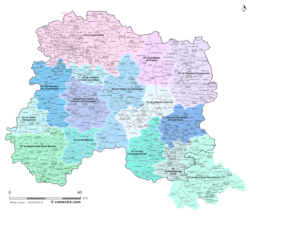 Carte des intercommunalités de la Marne avec communes